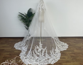 Velo de novia estilo mantilla vintage, velo de novia clásico de encaje para iglesia, velo dramático estilo catedral, velo con ribete de encaje floral, velo brillante para bodas en la playa.