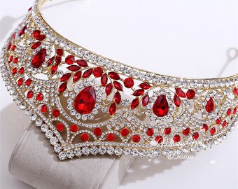 Luxury Queen Tiaras for Wedding,Gold/Sliver Crystal Prom Crown for Woman,Red/Green/Blue/White Elegant Crown,Wedding Hair Accessories Gift