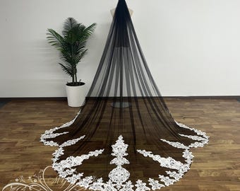 Gothic Black Wedding Veil,White Royal Lace Wedding Veil,Soft Tulle Wedding Veil,Outdoor Wedding Veil,Scalloped Shaped Bridal Veil