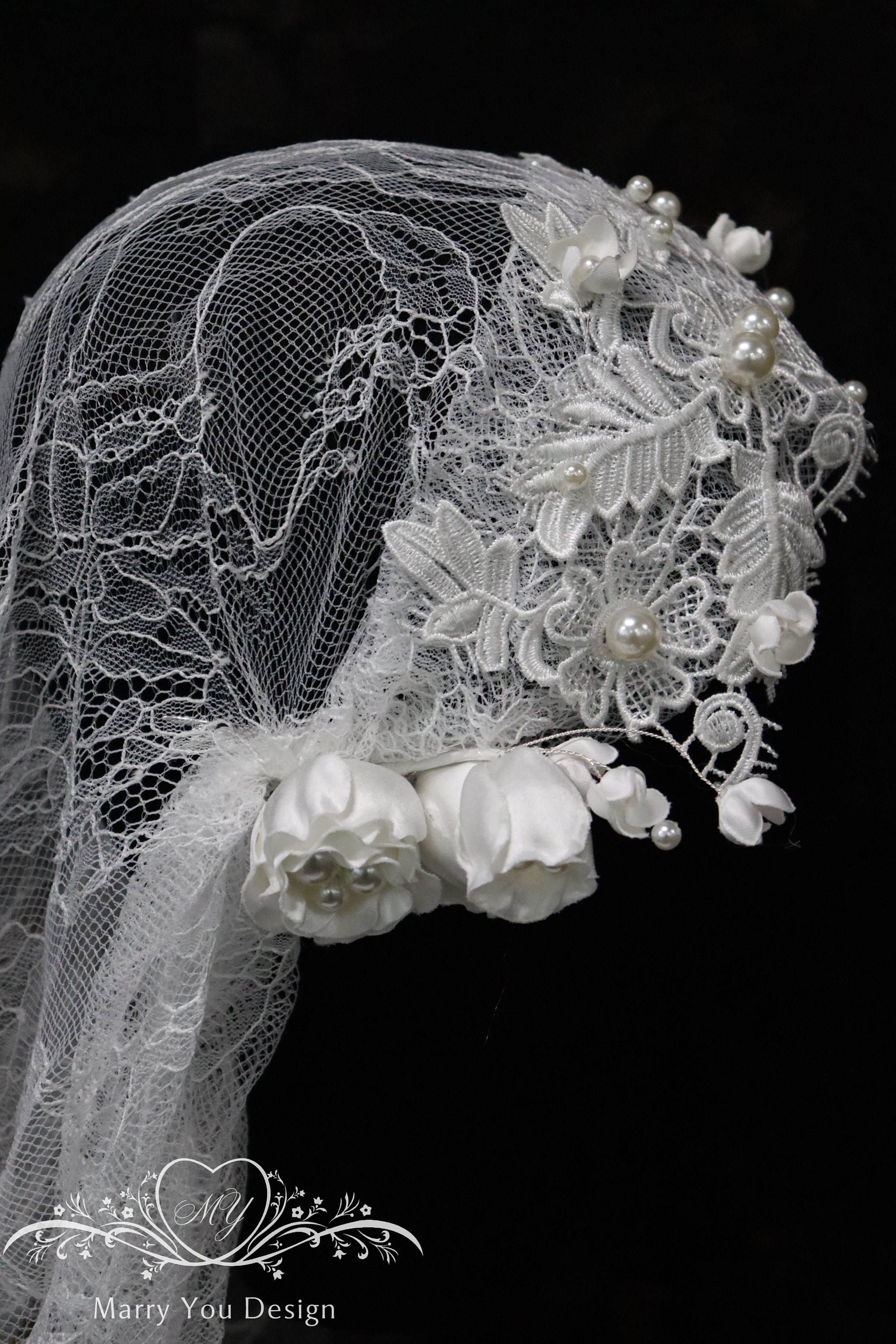 Vintage Faux Pearl Beaded Bridal Wedding Veil Juliet Cap Lace Tulle Bow Romantic Pearl Juliet Cap - Etsy Canada main image 3