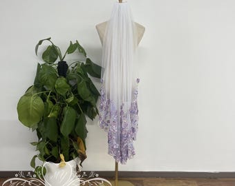 Dreamy Purple Floral Lace Wedding Veil,Bohemia Lawn Wedding Veil,Edge Floral Lace Bridal Veil,Pearls Wedding Veil,Tulle Outdoor Wedding Veil