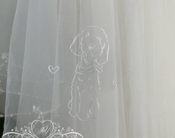 Pet Embroidery Veil,Two Tiers Bridal Veil with Dog Embroidery,Crystal Veil with Blusher,Hip Length Pearls Wedding Veil with Pet Embroidery