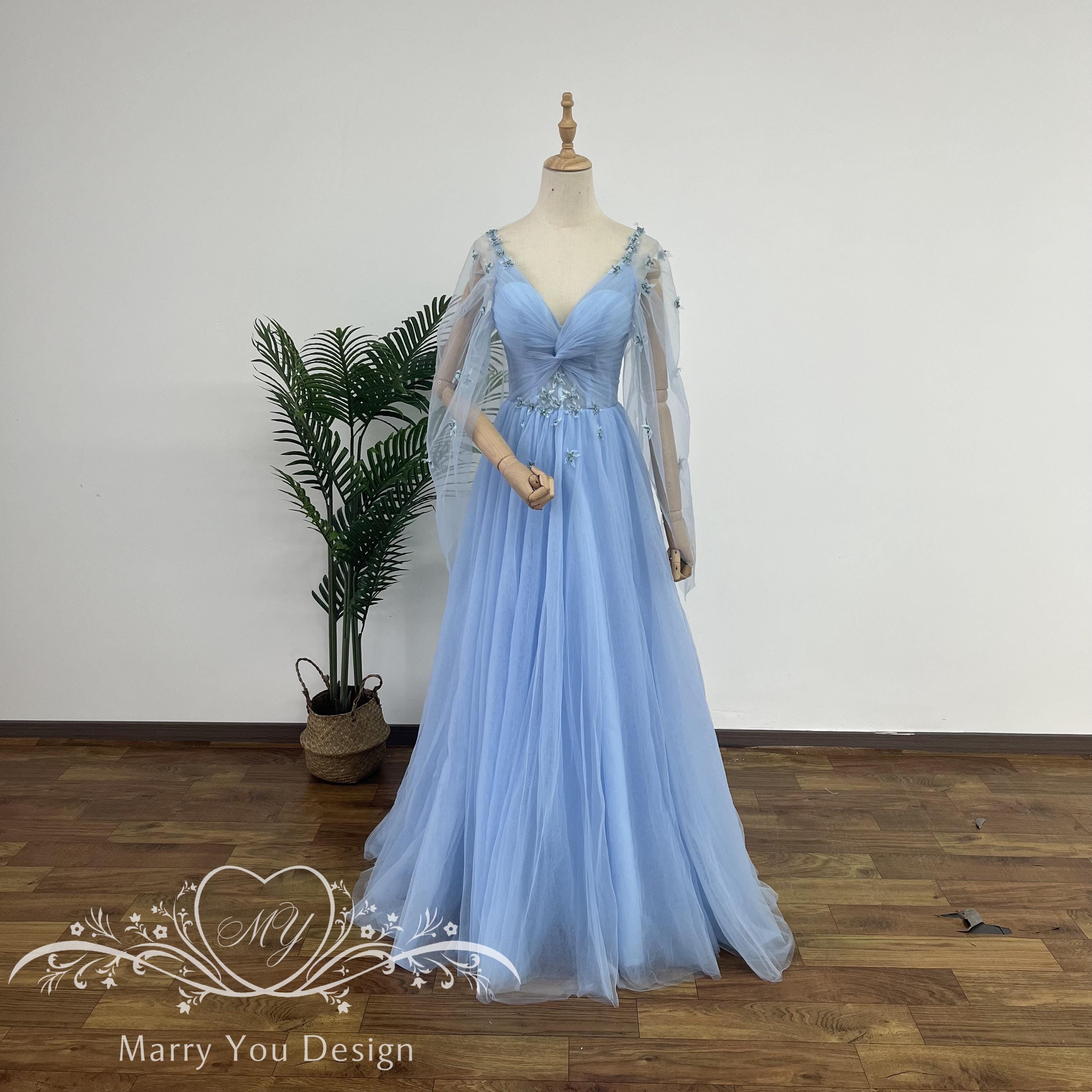 Fairytale V-neck Prom Dress for Woman,Flying Sleeve Fairy Dress for Senior Prom,Lace-up Prom Dress,Light Blue Homecoming Prom Dress