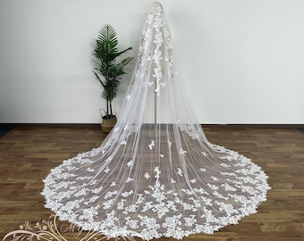 Velo de novia estilo mantilla vintage, velo de novia clásico de encaje para iglesia, velo de catedral espectacular, velo con ribete de encaje floral, velo de novia para playa