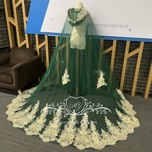 Vintage Green Lace Bridal Cape,Hood Golden Lace Wedding Hooded Cape,Tulle Royal Length Cloak,Gold Classic Lace Bridal Veil,Sparking Cape