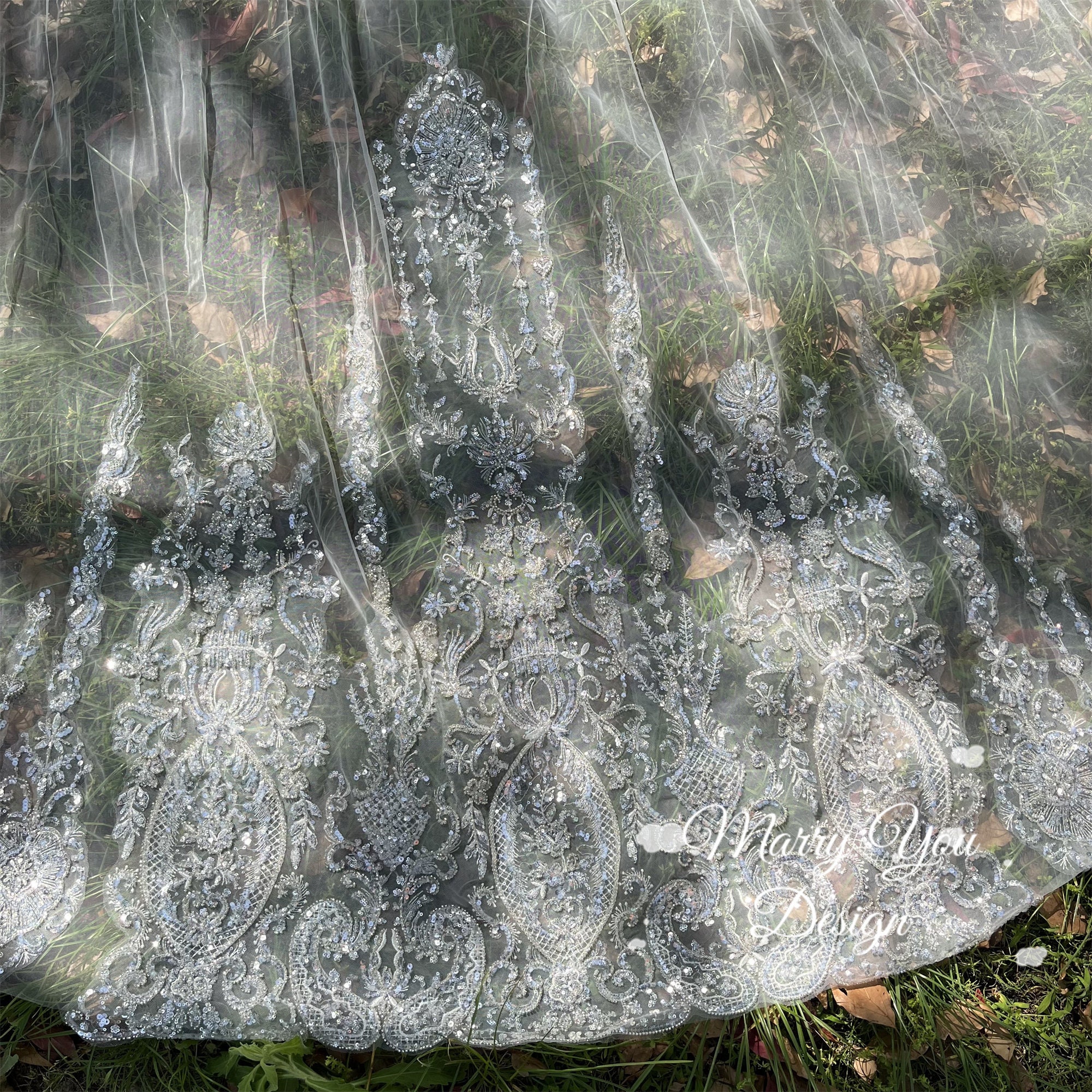 Velo Da Sposa Lungo Con Pettine Paillettes E Pizzo Bianco Avorio Punta Dita - Foto 3