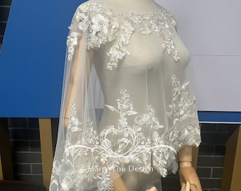 Elegant Wedding Shoulder Cape,Transparent Floral Lace Wedding Cape,Minimalist Bridal Coverup,Floral Lace Tulle Capelet,Topper for Wedding