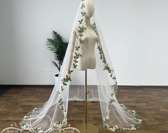 Mantilla Wedding Veil,Fairy Green Leaf Lace Bridal Veil,Wedding Headpiece for Faerie,Lawn/Beach Bridal Veil,Cathedral Fingertip Hijab Veil