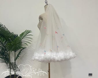 Bohemia 3D Flowers Wedding Veil,Blusher Tulle Floral Veil,3D Flower Bridal Veil with Colorful Butterflies,Bridal 2 Tiers Cathedral Veil