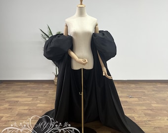 Capa de tafetán espectacular para bodas, chal abullonado con cola larga, capa de novia de alta costura, elegantes envolturas para brazos para bodas, disponible en cualquier color