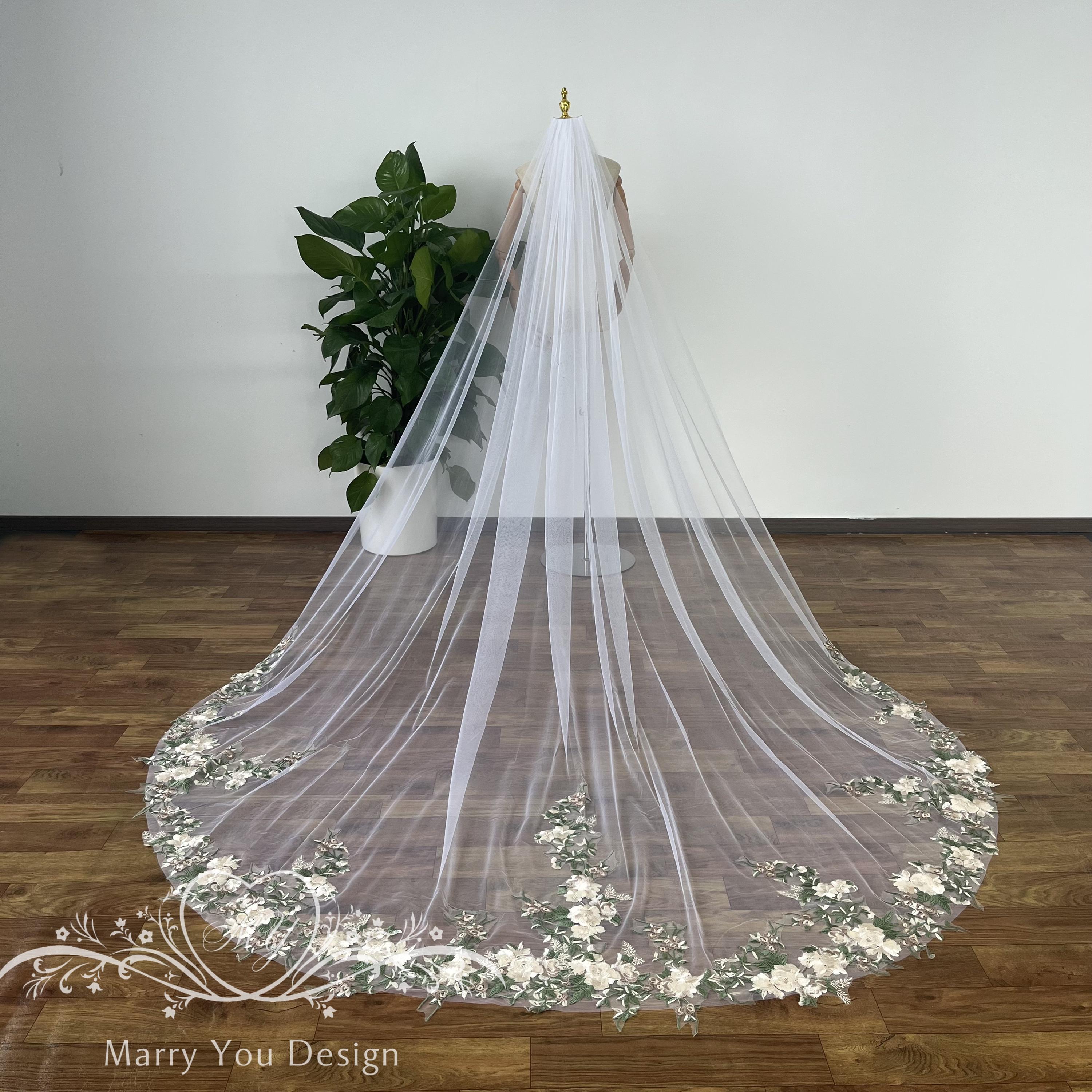 Green Floral Wedding Veil,Green Leaf Lace Bridal Veil,Garden Flower Lace Veil,Embroidered Leaf Lace Lawn Wedding Veil,Outdoor Beach Wedding
