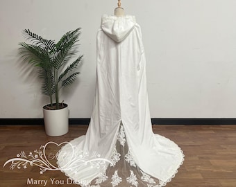 Winter Wedding Cape,Ivory Cape Veil,Bridal Clock,Celestial Lace Wedding Cape,Wedding Cape with Hood,Floral Cape for Winter Outdoor Wedding