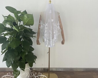 Dreamy Ivory Floral Wedding Veil, Fingertip Wedding Veil,Soft Peony Floral Wedding Veil,Lawn Wedding Veil,Cathedral/Fingertip Bridal Veil