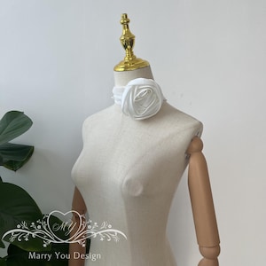 Minimalist Chiffon Pearls Scarf,Chiffon Bridal Scarf with Rose,Detachable Flowers Neck Scarf,Bridal Neck Tie,Romantic Bridal Veil with Pearl