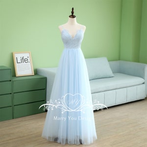 Sky Blue Lace Applique Fairy Prom Dress for Woman,Sleeveless Senior Prom/Formal Evening Party Dress,Spaghetti Strap Floor-Length Prom Gown