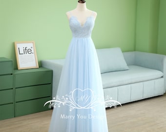 Sky Blue Lace Applique Fairy Prom Dress for Woman,Sleeveless Senior Prom/Formal Evening Party Dress,Spaghetti Strap Floor-Length Prom Gown