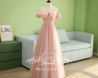 Pink Satin Fairy Off-the-Shoulder Prom Dress for Woman,Beading Capped Sleeve Senior Prom/Formal Evening Party Dress,Floor-Length Prom Gown