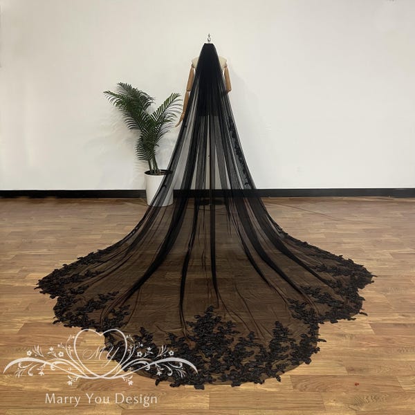 Gothic Wedding Veil,Scalloped Floral Lace Wedding Veil,Lawn Wedding Veil,Fairy Leaf Lace Wedding Veil,Lawn Wedding Veil,Beach Wedding Veil