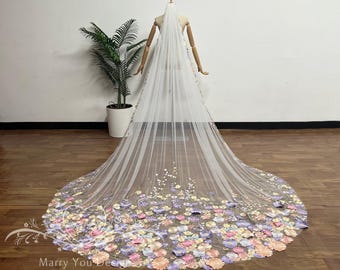 Dreamy Colorful Floral Wedding Veil,Lawn Bridal Veil