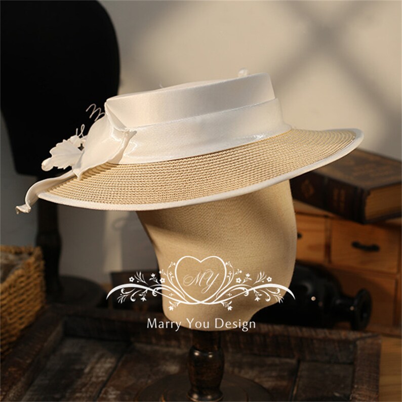 Bohe Straw Hat,Floral Wide Brim Felt Hat,Vintage Floral Bride Hat,Coco Herben Style Wedding Hat,Unique Hat for Photoshoot,Modern Bridal Hat image 2