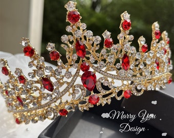 Diadème en or rose, couronne en cristal de champagne, bijoux de coiffe rouge pour mariage / bal / photo, couronnes de mariée, diadème en argent ou en or, cadeau princesse / reine