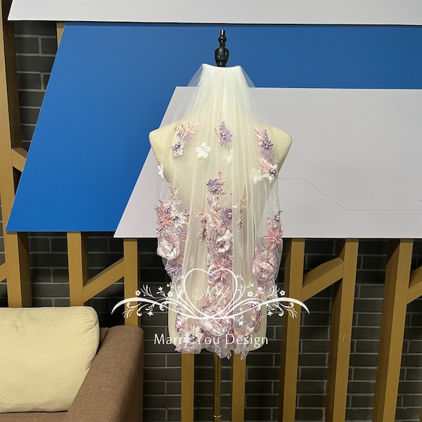 Unique Purple&Pink Floral Applique Bridal Veil,Custom Wedding Veil,3D Flower Lace with Pearls Wedding Veil,Cathedral/Chapel Length Veil