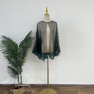 Lawn Wedding Cape,Green Floral Trim Lace Wedding Cape Veil,Long Wedding Cloak for Faerie,Bridal Shoulder Veil,Cathedral Elbow Veil,Cape Veil