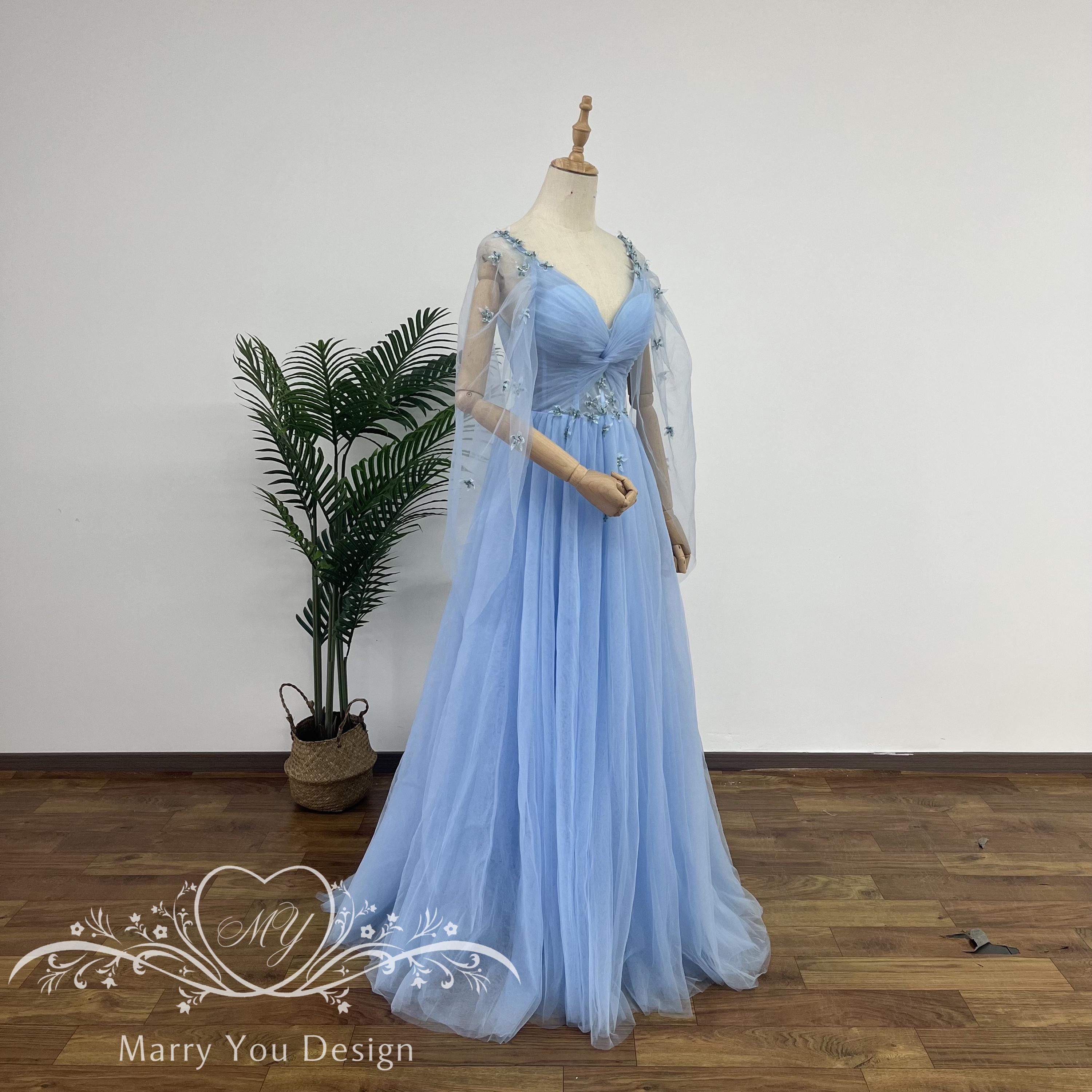 Fairytale V-neck Prom Dress for Woman,Flying Sleeve Fairy Dress for Senior Prom,Lace-up Prom Dress,Light Blue Homecoming Prom Dress