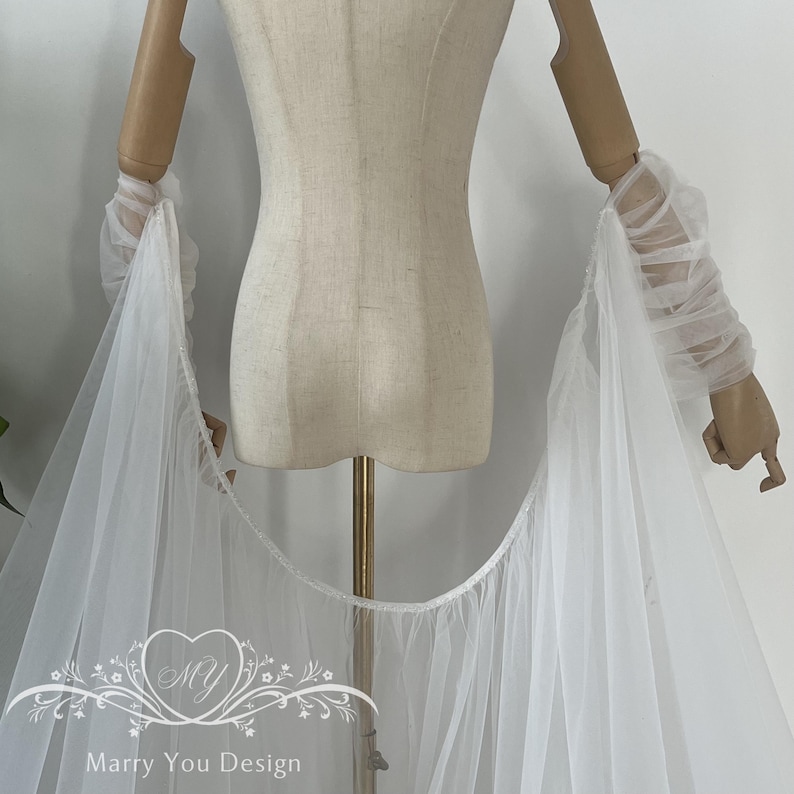Minimalist Tulle Wedding Cape,pleating Half-sleeves With Long Train ...