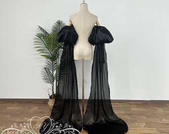 Mangas negras para vestidos de novia, mangas desmontables estilo cuento de hadas, mangas abullonadas, mangas de fiesta con hombros descubiertos y cola.