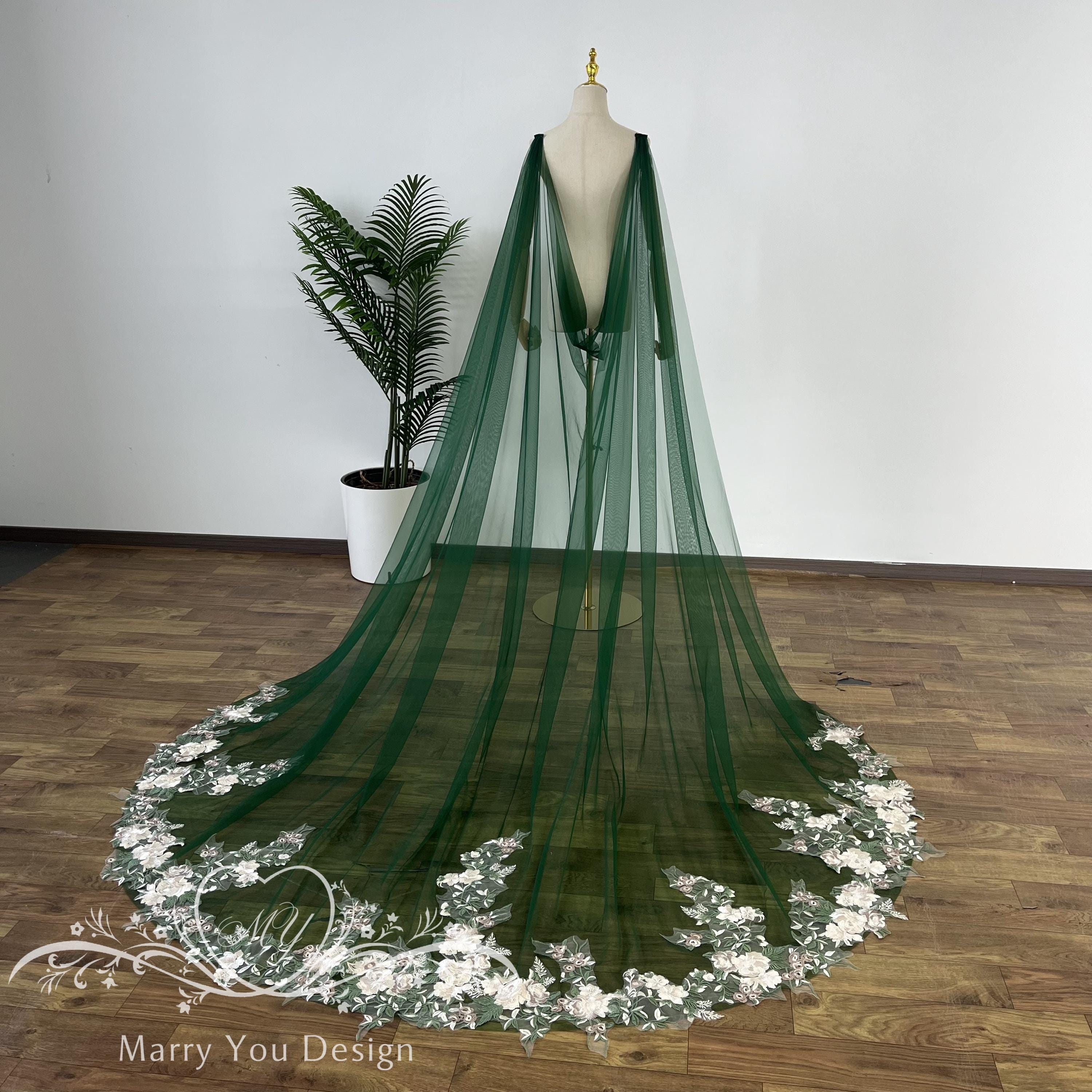Deep Green V-shaped Wedding Floral Cape,backless Bridal Cape With Green ...