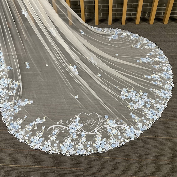 Dreamy Ocean Theme Wedding Veil,blue Floral Lace Wedding  display picture 2
