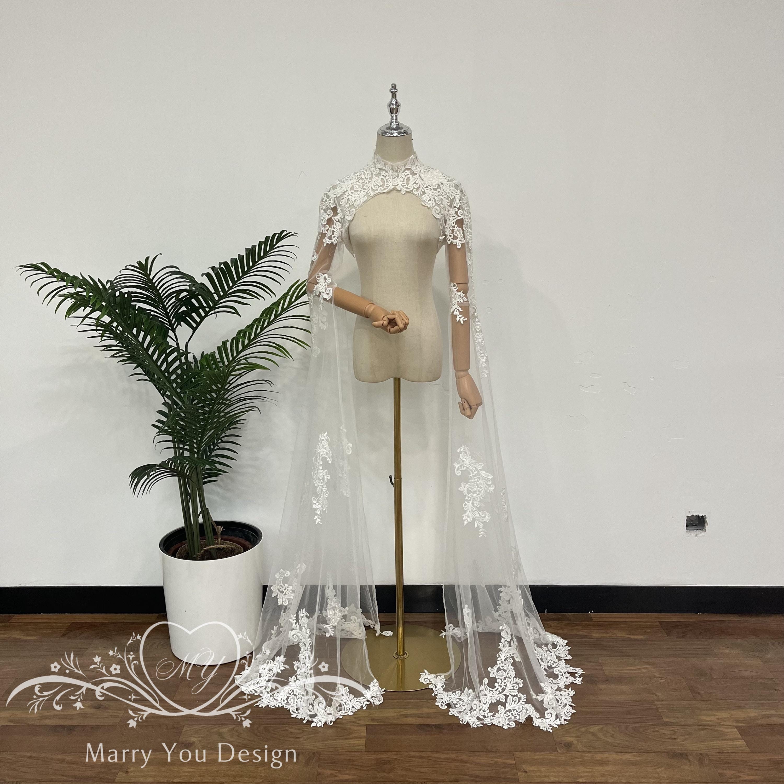 chinese dress ladies ruthyuexin Tulle Bridal Jacket Long Sleeves Wedding Coat Sweep Train Wraps Bolero  Lace Wedding Robe Shrugs (S, ivory) at Amazon Women's Clothing store main image 1