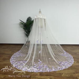 Dreamy Wedding Cape,Elegant Wedding Cape Veil,Purple Floral Wedding Cloak for Faerie,Pearls Bridal Shoulder Veil,Cathedral Length Cape Veil