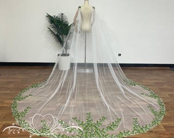 Fairy Wedding Cape,V-Back Faerie Bridal Cape,Edge Green Leaf Wedding Cape,Lace Veil with Leaf Design,Lace Cape with Embroidered Flowers