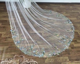 Bohemia Floral Lace Wedding Veil,Colorful Lawn Wedding Veil,Edge Floral Lace Bridal Veil,Pearls Wedding Veil,Tulle Outdoor Wedding Veil