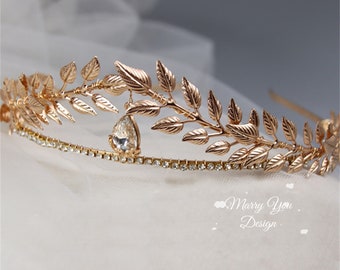 Golden Queen headdress,Gold Rhinestone Leaf Hair Accessory,Vintage Crystal Crown for Woman,Crown for Prom,Gift for Her,Wedding Royalty