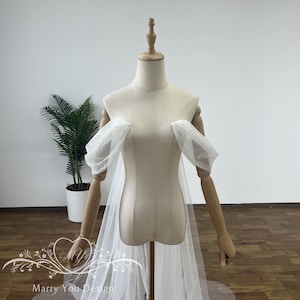 Minimalist Beads Wedding Cape,Off Shoulder Straps with Long Train,Off-the-shoulder Wedding Tulle Detachable Sleeves,Pearls Bridal Cape
