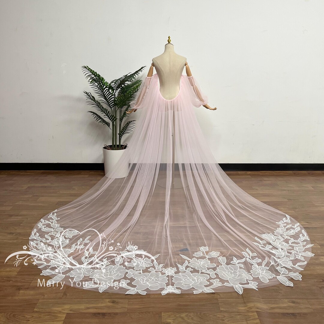 Bridal Backless Cape, Floral Lace Wedding Cape With Puff Sleeves, Tulle ...