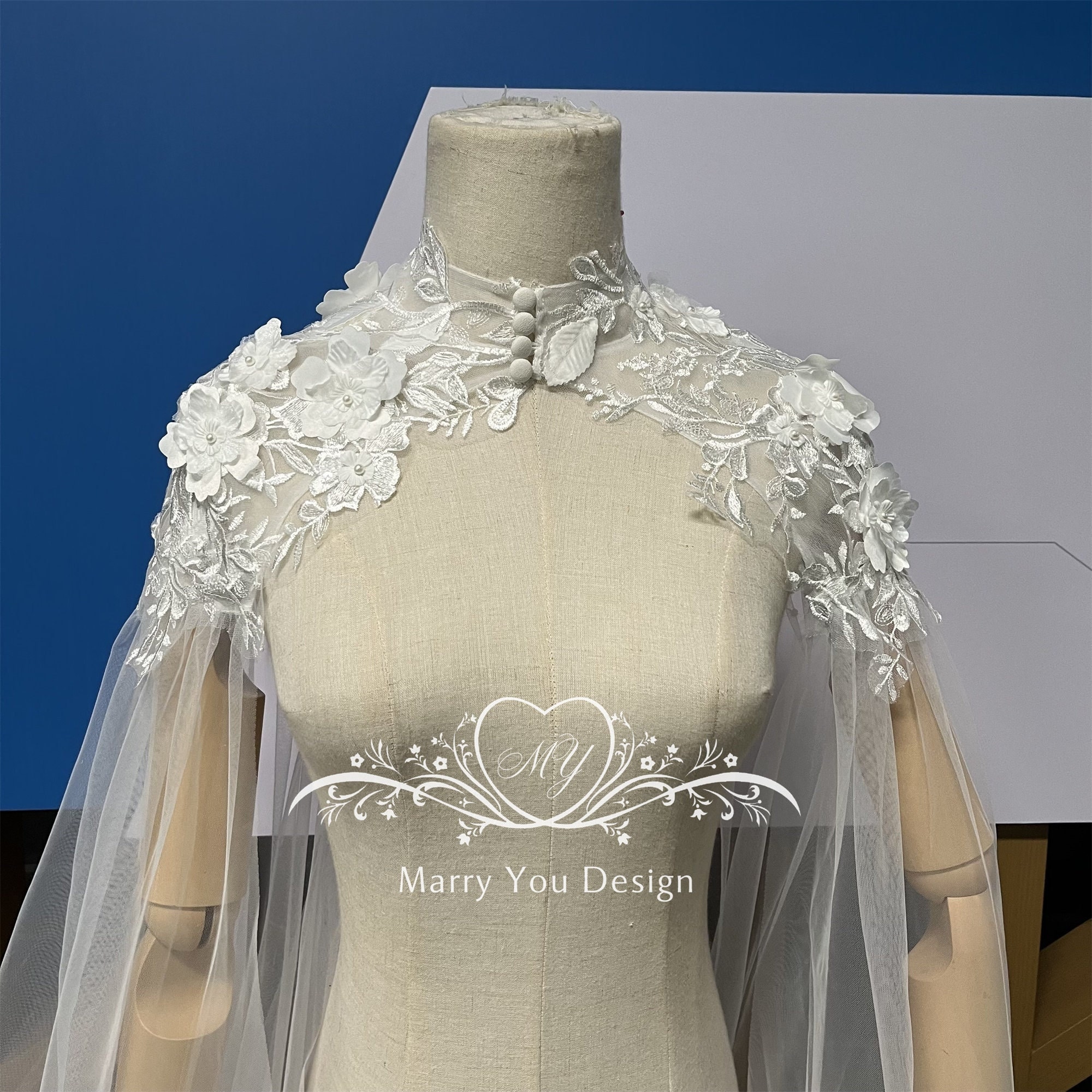 Elegant Floral Wedding Cape,Flower Lace Bridal Veil Cape,Cathedral Veil…
