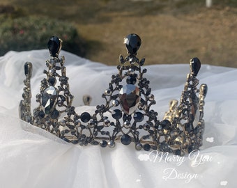 Vintage Baroque Tiara,Dark Black Goth Crown,Black Evil Queen Headress,Crystal Gemstone Bridal,Cosplay Royalty Tiara,Hair Accessories