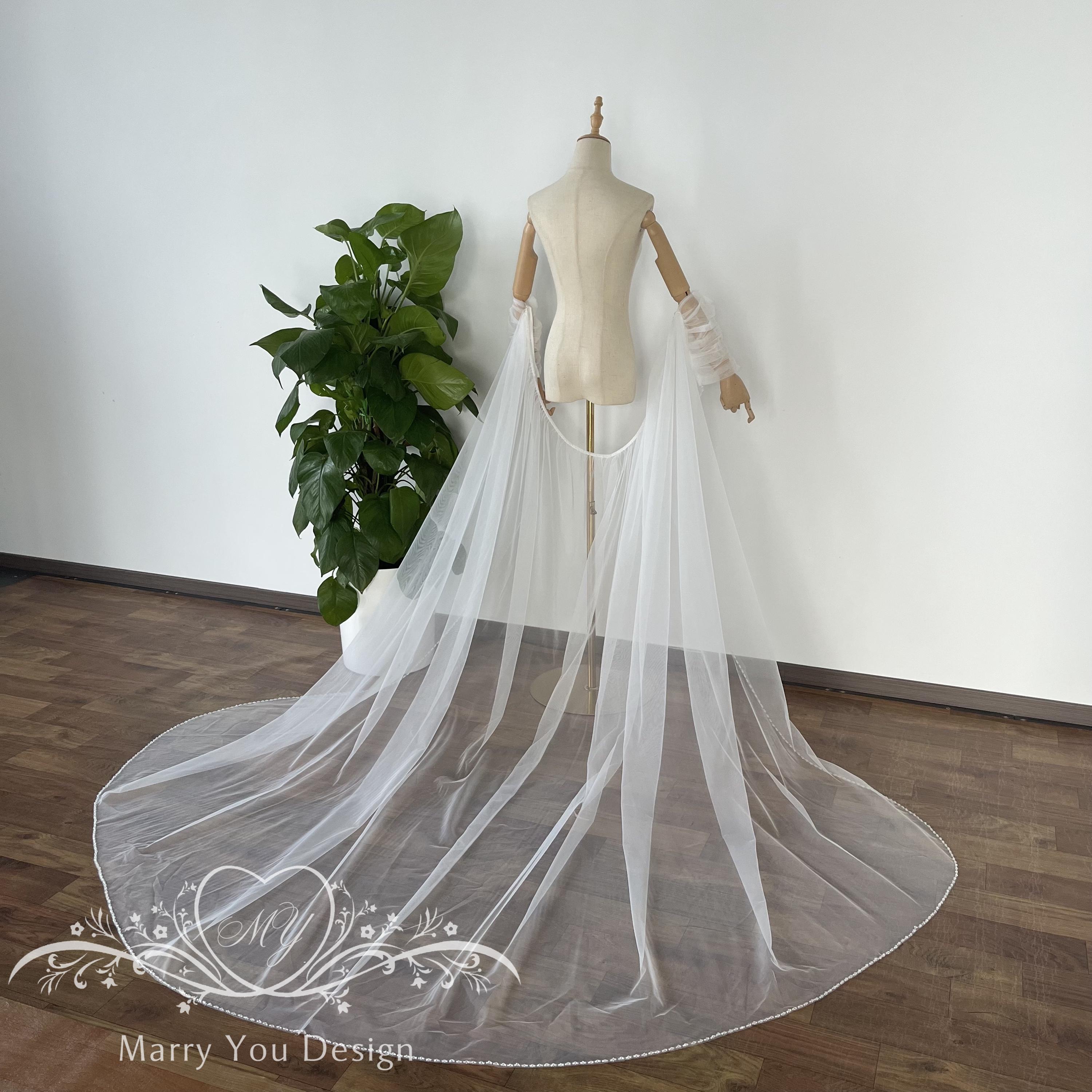 Minimalist Tulle Wedding Cape,pleating Half-sleeves With Long Train ...