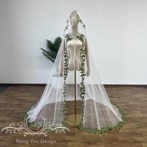 Green Leaf Lace Bridal Cape,Fairytale Wedding Cape,Edge Green Lace Wedding Cape,Pink Royal Length Cloak,Leaf Classic Lace Bridal Veil