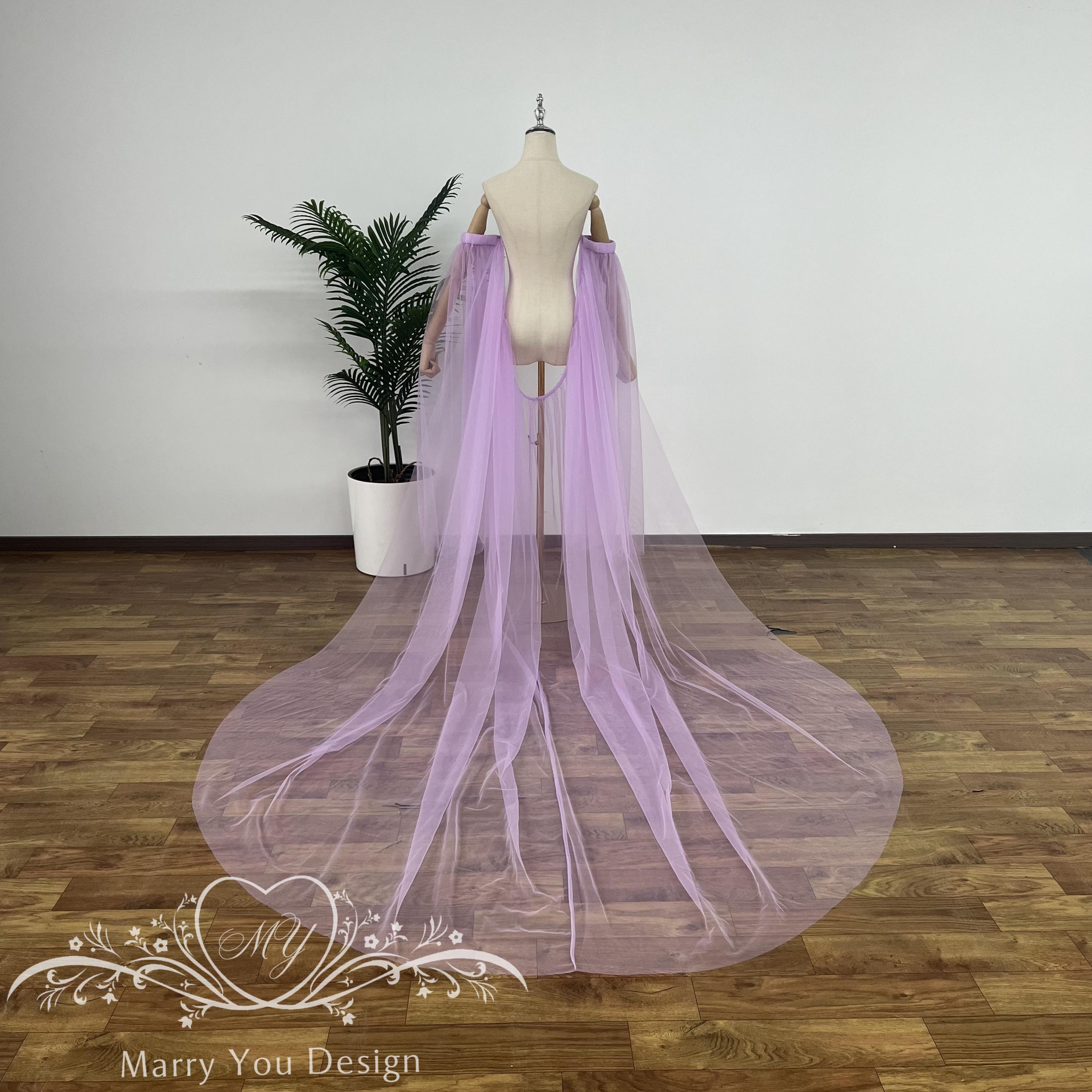 Minimalist Tulle Wedding Cape,pleating Long Sleeves With Long Train ...