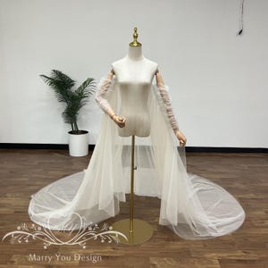 Fairy Transparent Cape,Minimalist Detachable Bridal Cape,Off Shoulder Pleating Sleeve Cape,Prom Party Dress Cape,Tulle Wedding Cape