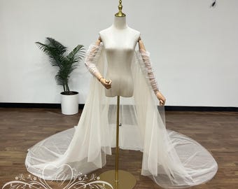 Fairy Transparent Cape,Minimalist Detachable Bridal Cape,Off Shoulder Pleating Sleeve Cape,Prom Party Dress Cape,Tulle Wedding Cape