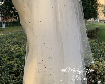 Custom Simple Scattered Pearl &Crystal Wedding Veil,36'' Hip Length Wedding Veil,White 3-Tiers Bridal Veil,Ivory Pearl Veil,Crystal Veil