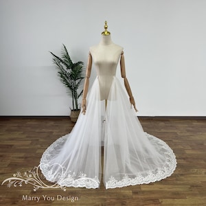 Vintage Open-Front Wedding Detachable Train,Simple Tulle Detachable Skirt,Detachable Lace Train,Multi-layer Bridal Overskirt,Edge Lace Train