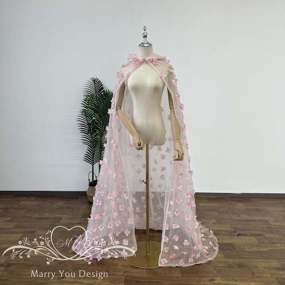 Dreamy Wedding Cape,peach Blossom Wedding Cape,3d Floral Bridal - Main Image
