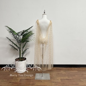 May include: A sheer, champagne-colored cape with scattered gold star-shaped sequins, draped over a mannequin. The cape is designed with a flowing, open back and is displayed on a metal stand. The background includes a potted plant and a wooden floor.